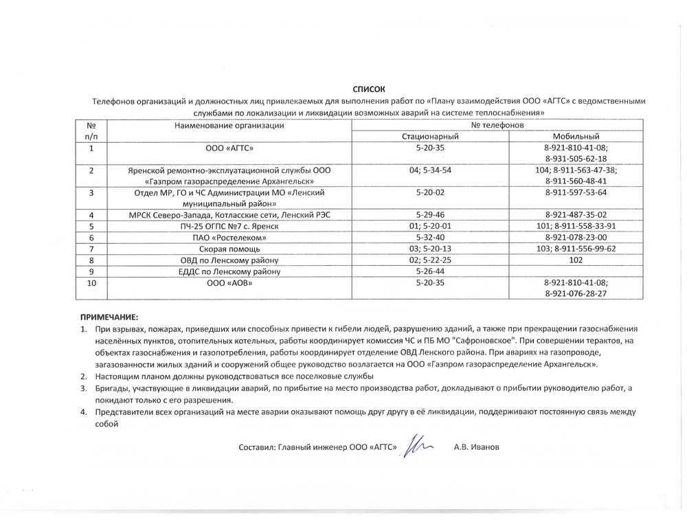 ПЛАН взаимодействия ООО «АГТС» с ведомственными службами по локализации и ликвидации возможных аварий на системе теплоснабжения в селе Яренск